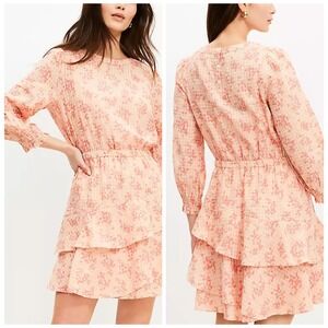 LOFT Cotton Peach Meadow Floral Long Sleeve Tiered Mini Dress women's Size Large